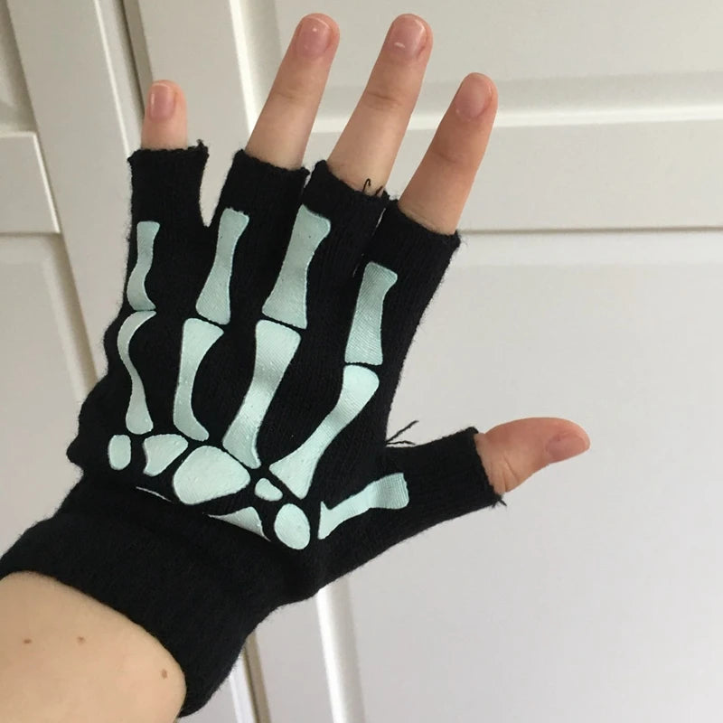 Glow in the Dark Skeleton Fingerless Gloves