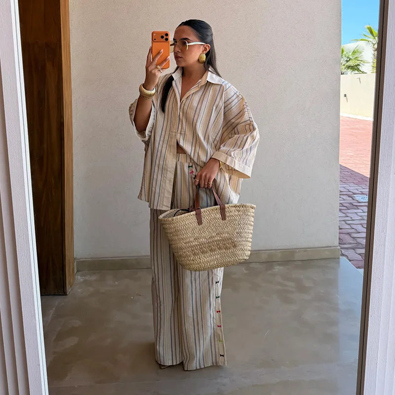 Striped Shirt & Wide-Leg Trousers Set — Women's 2-Piece