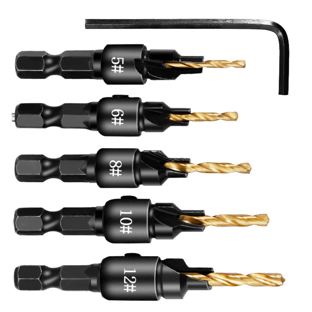 5pcs Countersink Drill Woodworking Drill Bit Set Drilling Pilot Holes for Screw Sizes #5 #6 #8 #10 #12 Cutter Screw Hole Drill