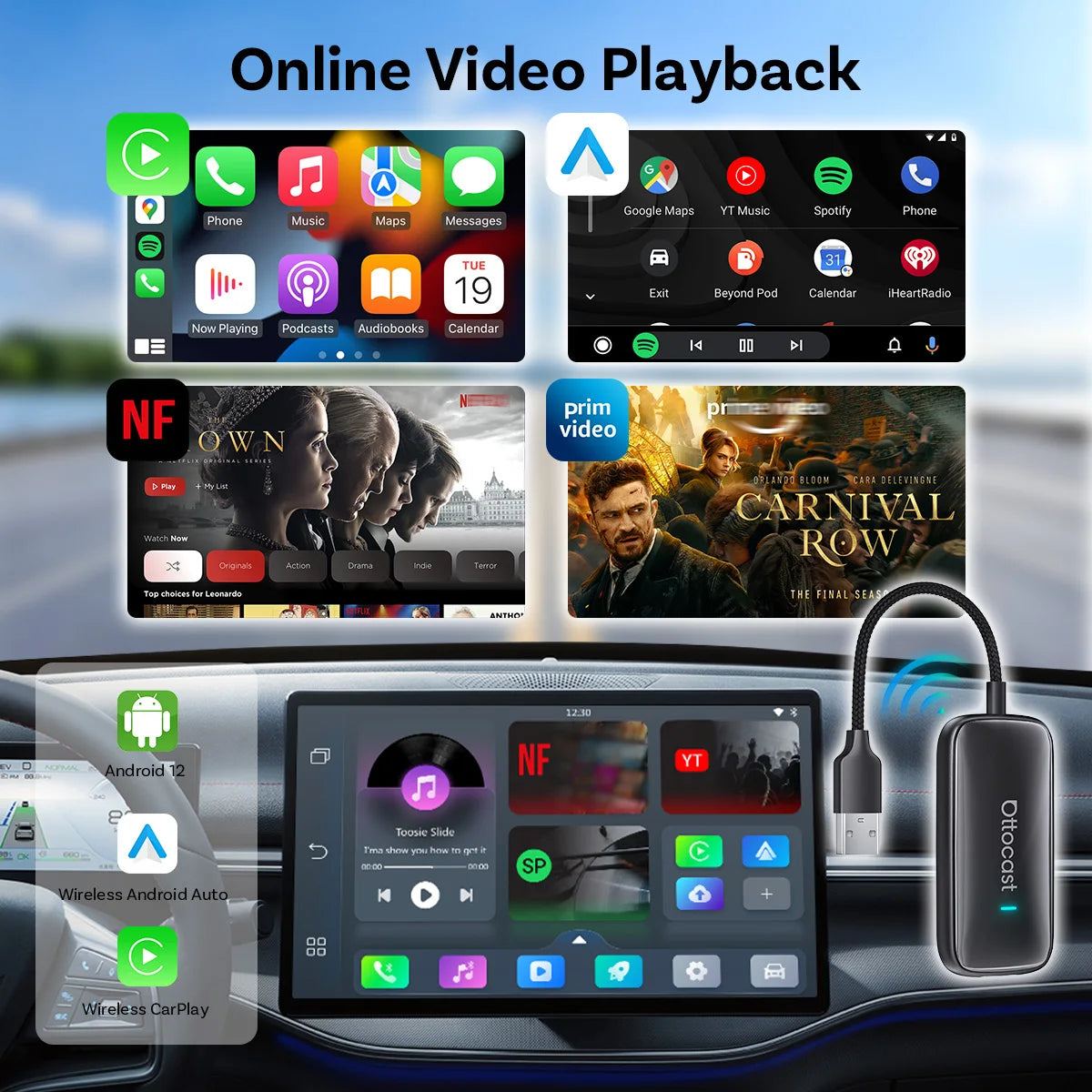 Ottocast Play2Video Ultra Wireless CarPlay Car MultimediaSmart Box Hi-res 1080P with Local Media Playback Portable WiFi6 For VW