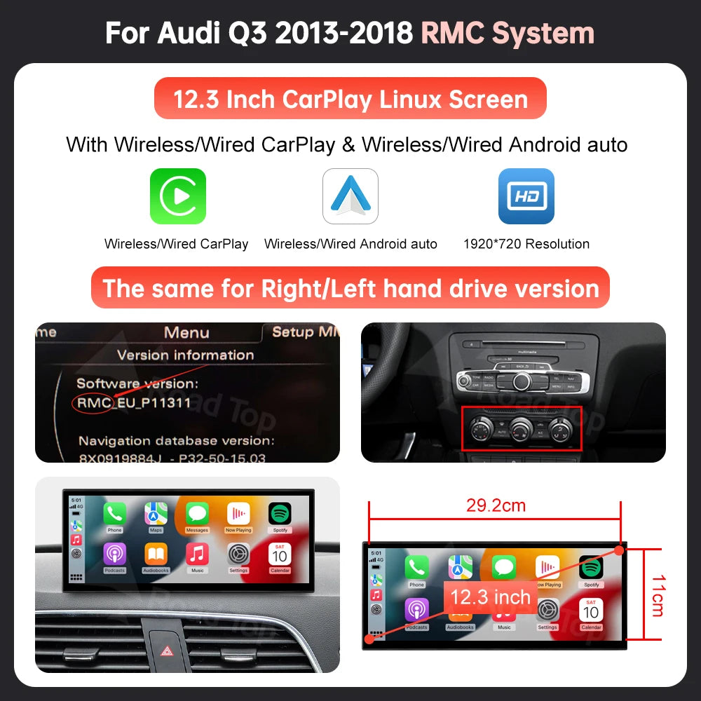 12.3" Wireless CarPlay & Android Auto Display Screen, Compatible with Audi A1 & Q3 (2012-2018)