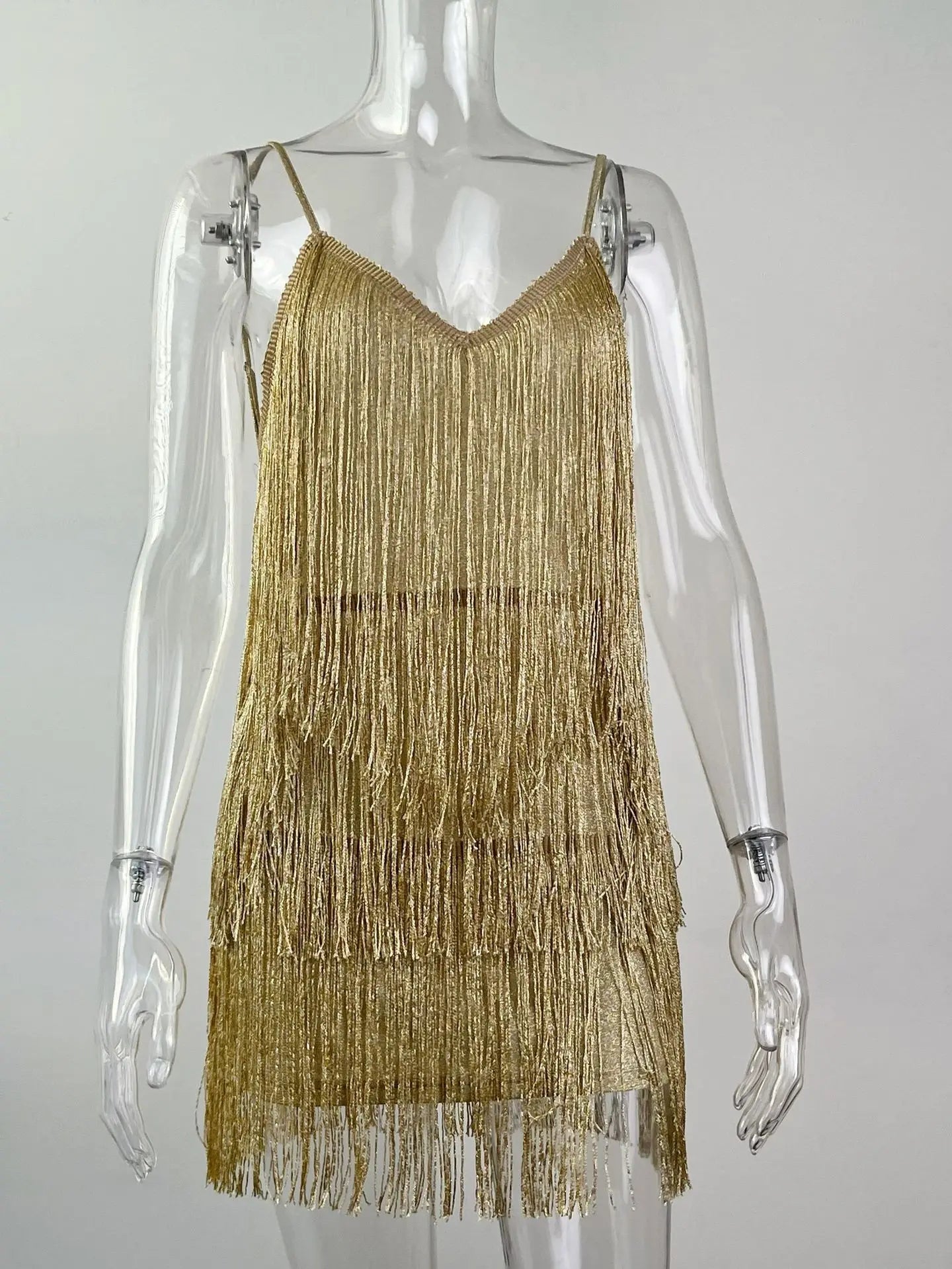Leosoxs Women Sexy Deep V-Neck Spaghetti Straps Fringe Bodycon Mini Dress Tassels Backless Gatsby Cocktail Club Party Dresses
