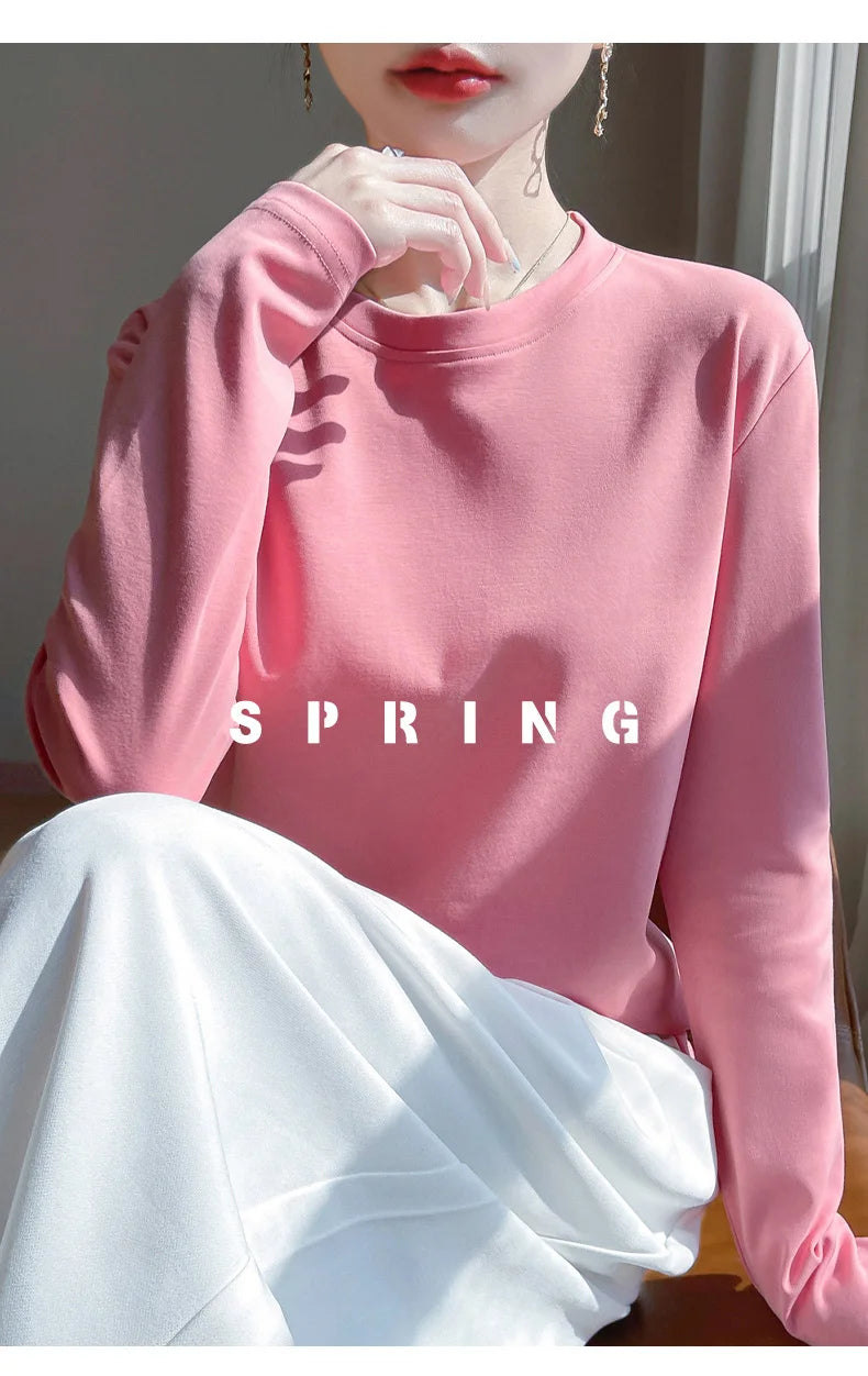 Spring And Summer New Mercerized Cotton Long Sleeve T-shirt Women's Round Neck Loose 100% Cotton Bottoming T-shirt