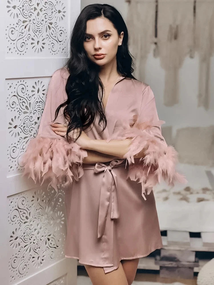 Women's Satin Robe with Feather Trim, Bridal Robe