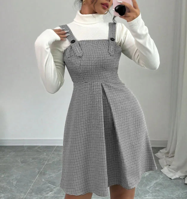 Women Vintage Houndstooth Pinafore Dress High Waist A-Line Mini Dress Adjustable Button Strap Sleeveless Suspender Skirt