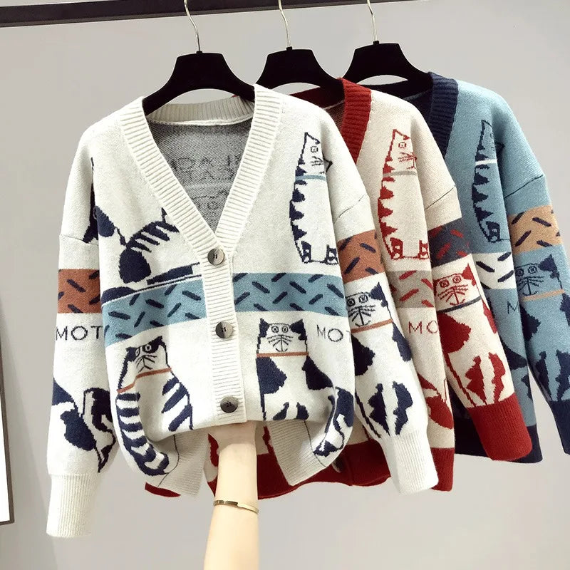 Women Cardigan Sweater Spring Autumn Long Sleeve V-Neck Wild Knitted Jacket Female Cartoon Printing Thick Sweater Cardigan Coat