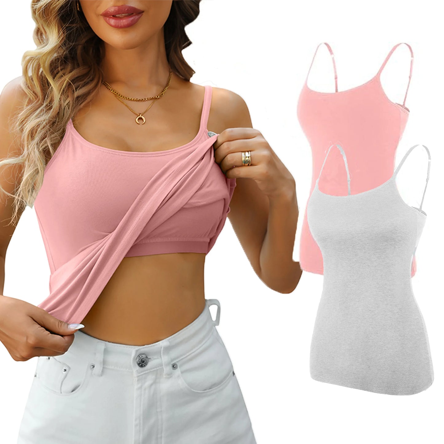 Anfilia Women Camisole 2PCS Solid Adjustable Spaghetti Straps with Shelf Bras 95% Cotton Soft Casual High Elastic Tank Tops