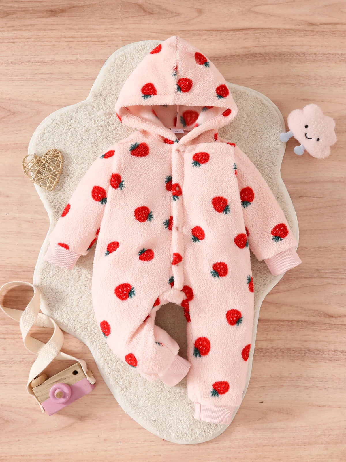 Baby Girl Strawberry Print Hooded Romper - Plush Winter Jumpsuit