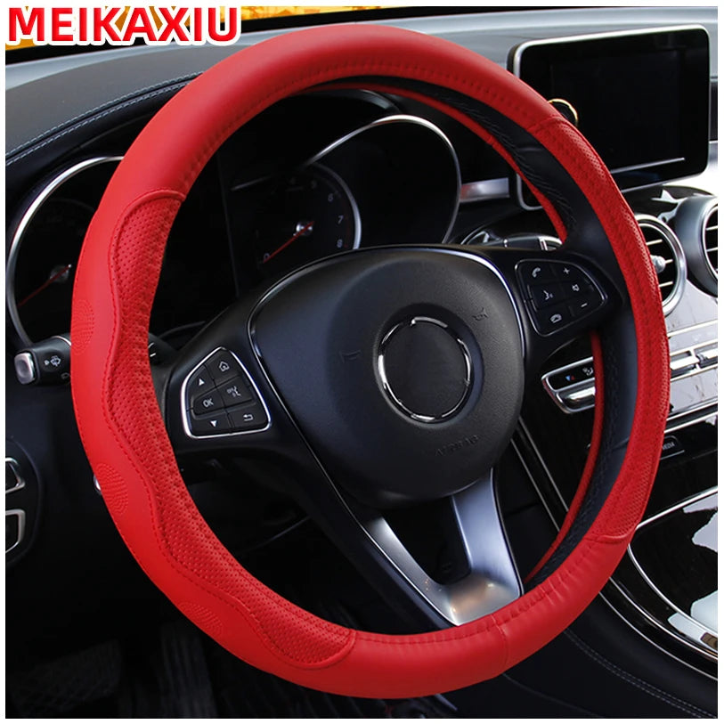 38cm PU Fiber Leather Steering Wheel Cover Embossed Style round Car Decorations Accessory with Inner Ring for All Seasons