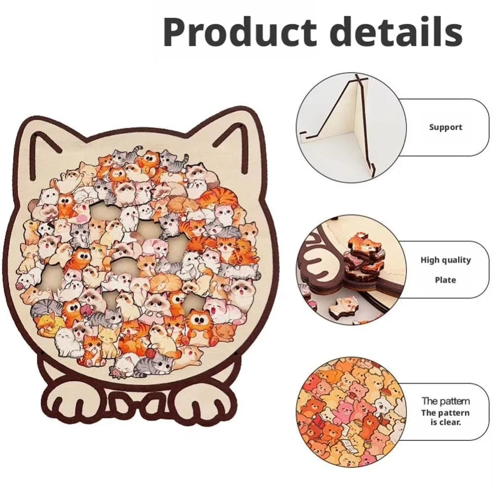 Wooden Animal Jigsaw Puzzle - Dog, Cat & Bear Cartoon Set