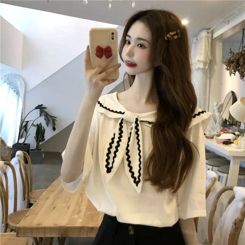 Sailor Collar T-shirts Women Baggy Kawaii Clothes Panelled Temper Designer Aesthetics Japanese Stylish Summer Vintage Футболка