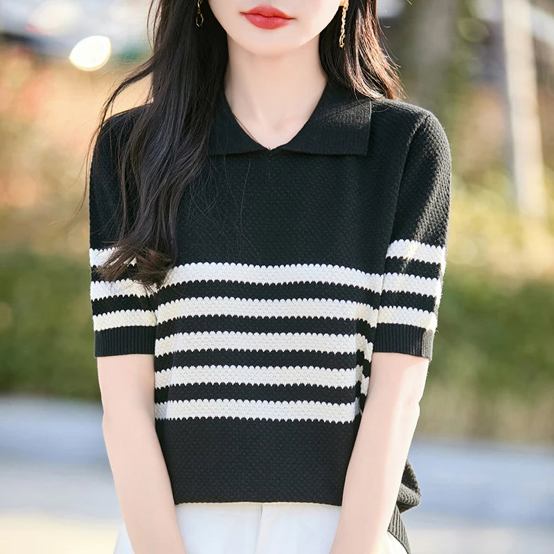 Pure Cotton Hollow Short-Sleeved Ladies Spring And Summer Loose Slim New Joker Knit Bottoming T-Shirt