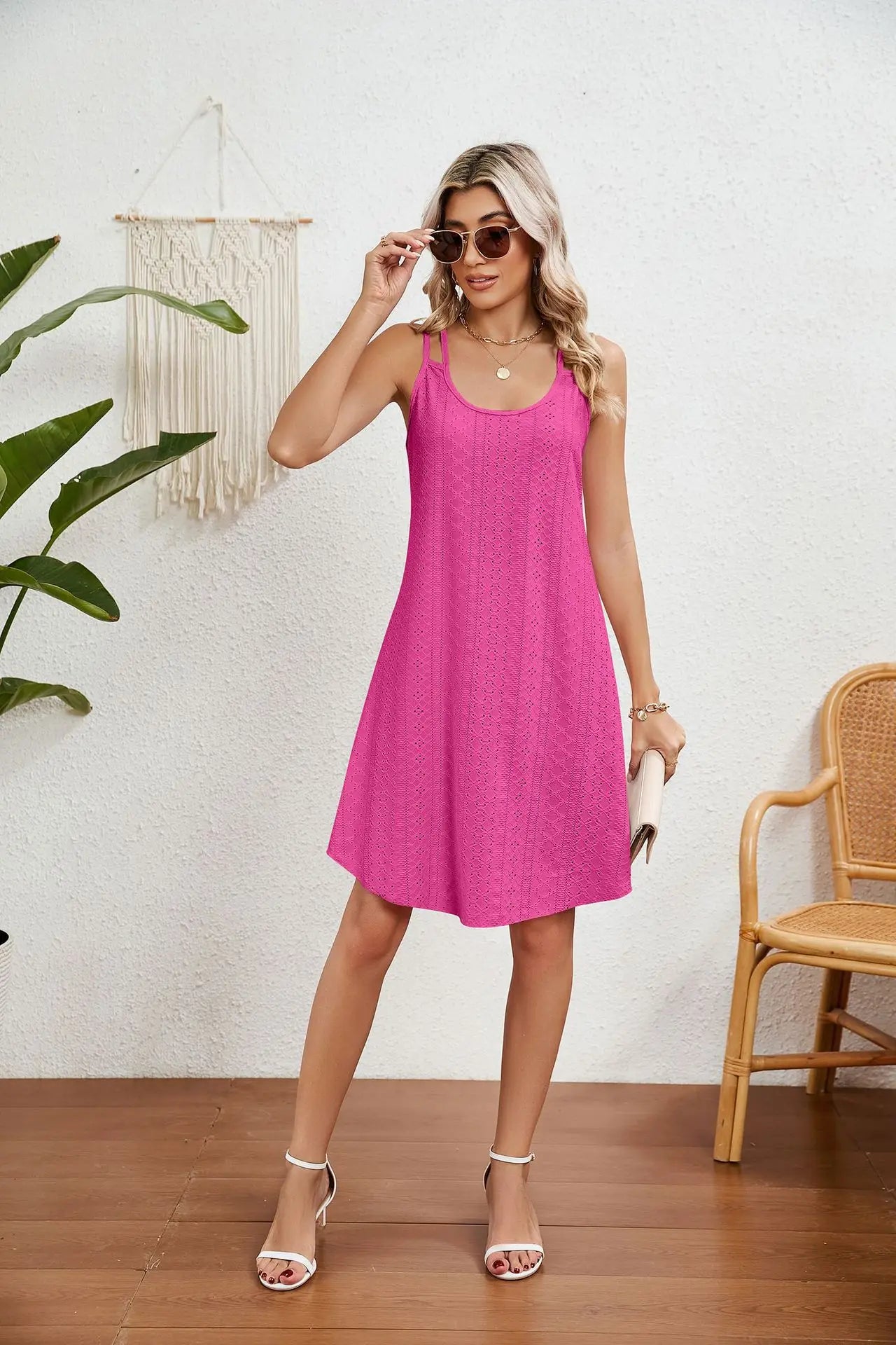 New Women's Solid Color Round Neck Suspender Loose Sleeveless Dress Fashion Summer Sexy Backless Beach Vacation Short Dress 2026