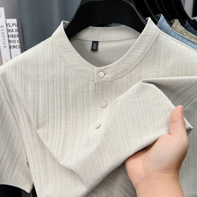 Men's Mandarin Collar Henley - Three-Button, Breathable Slim Fit