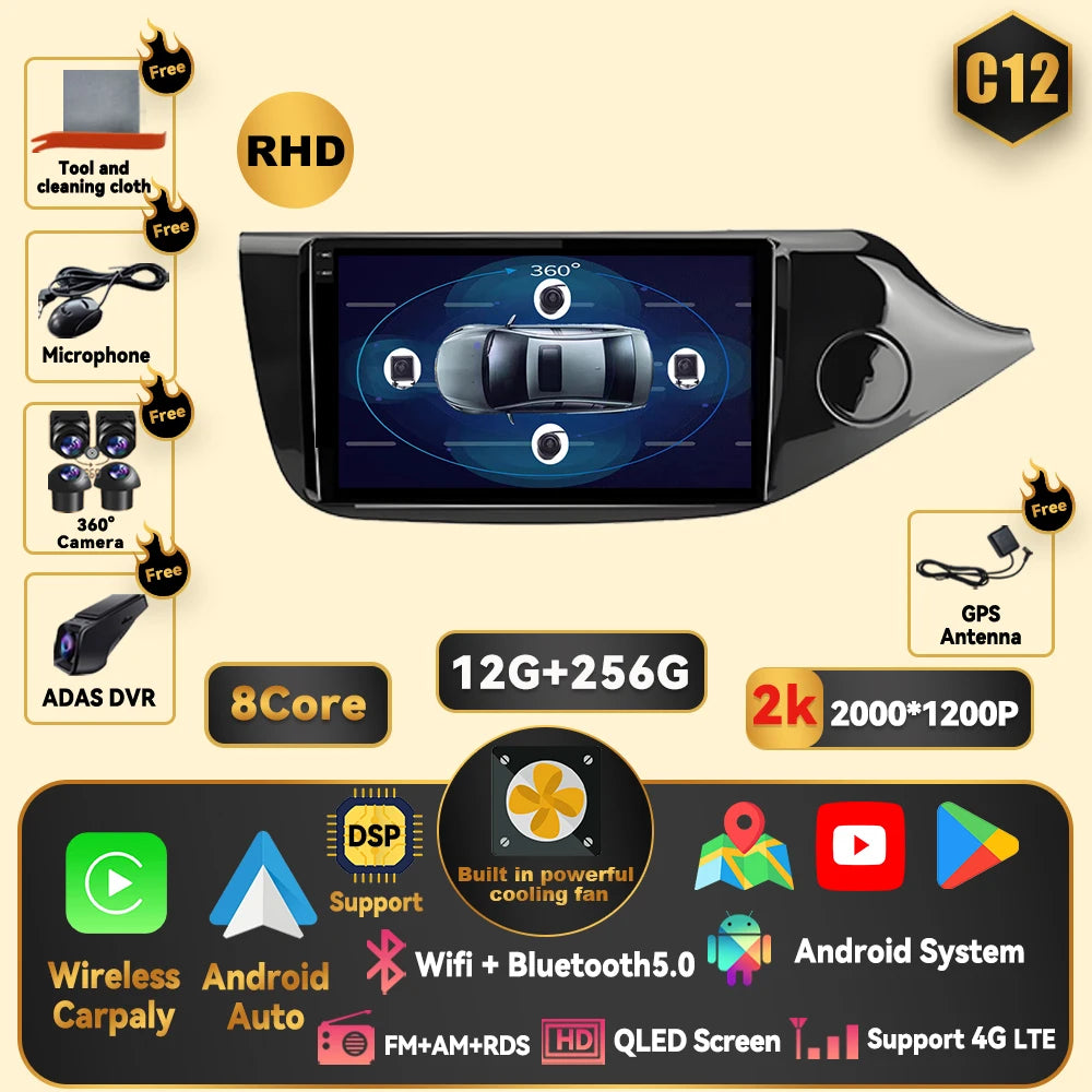 Android 15 Carplay For Kia CEED 2 JD 2012 - 2018 Car Radio Stereo Multimidia Player GPS Bluetooth DSP 2din Stereo QLED Screen