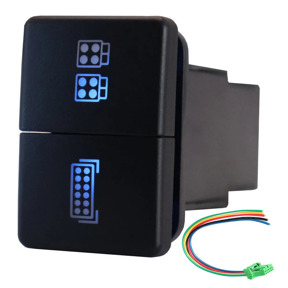 12V Dual Push Button Switch ON-Off Blue/Green Backlit 32.5mm X 22mm for Toyota 4Runner Hilux Prado RAV4, with Connector Wire