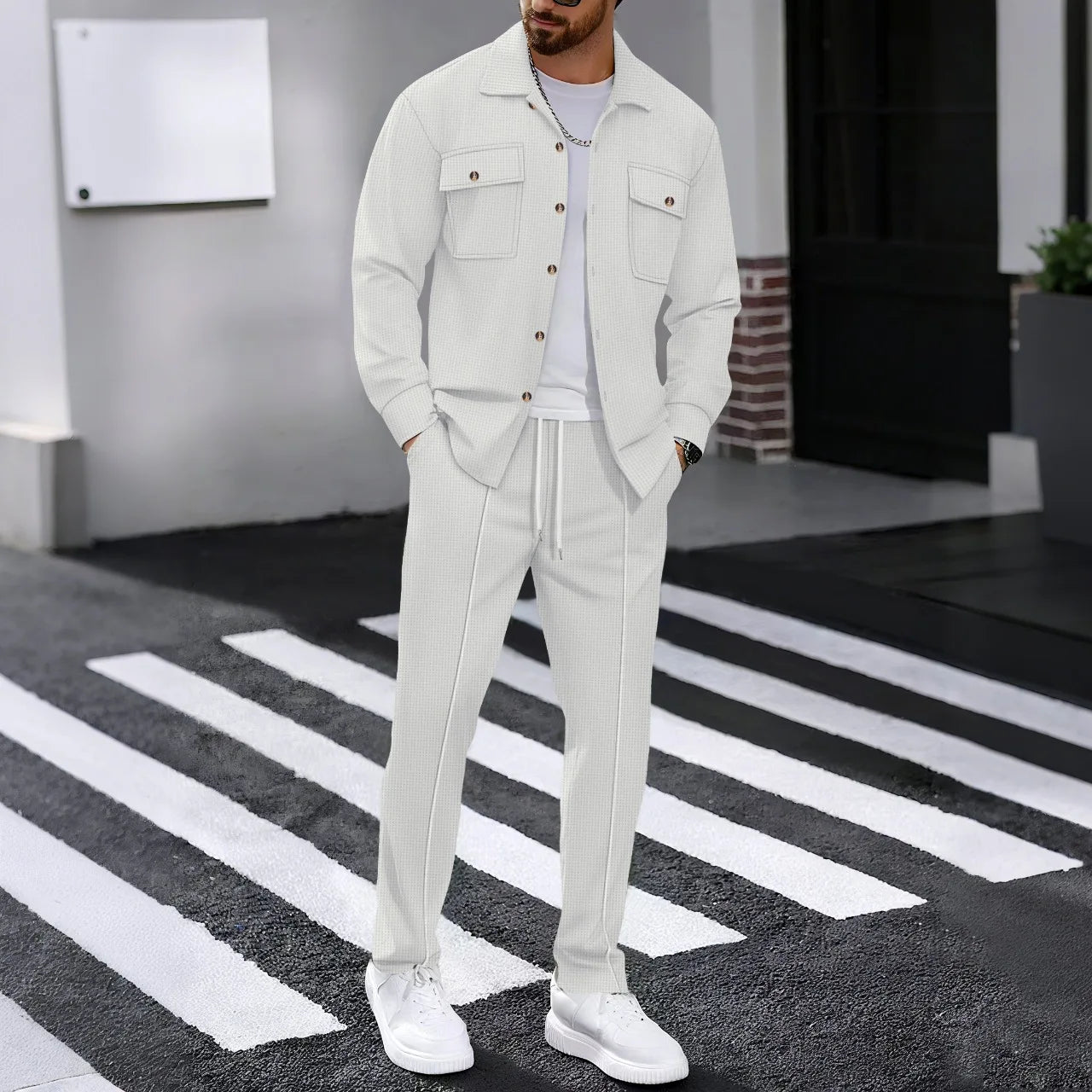 Men's casual two-piece waffle texture suit (including button-down top and elastic waist pants) - fashionable street casual sport