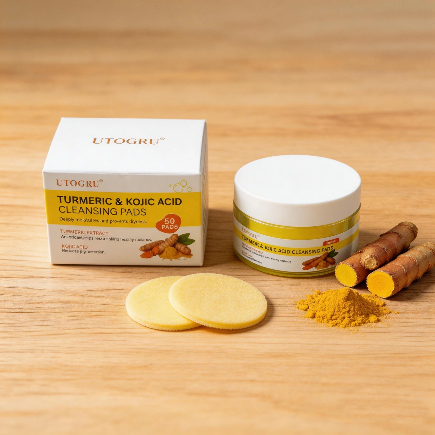 Turmeric & Kojic Acid Cleansing Pads, Exfoliating Face Pads for Dark Spots and Hyperpigmentation, Antioxidant Brightening Facial
