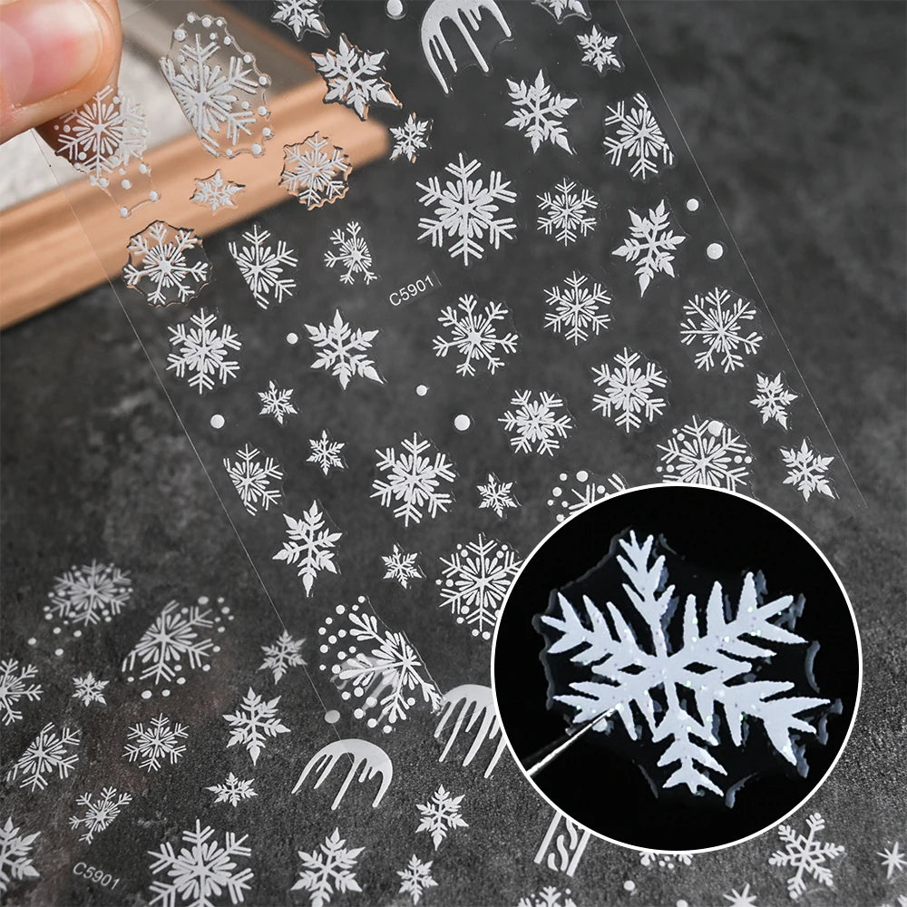 6Pcs White Snowflake Nail Stickers Self-Adhesive Christmas Nail Art Decals Snowflakes Elk Design Winter Xmas Manicure Decoration