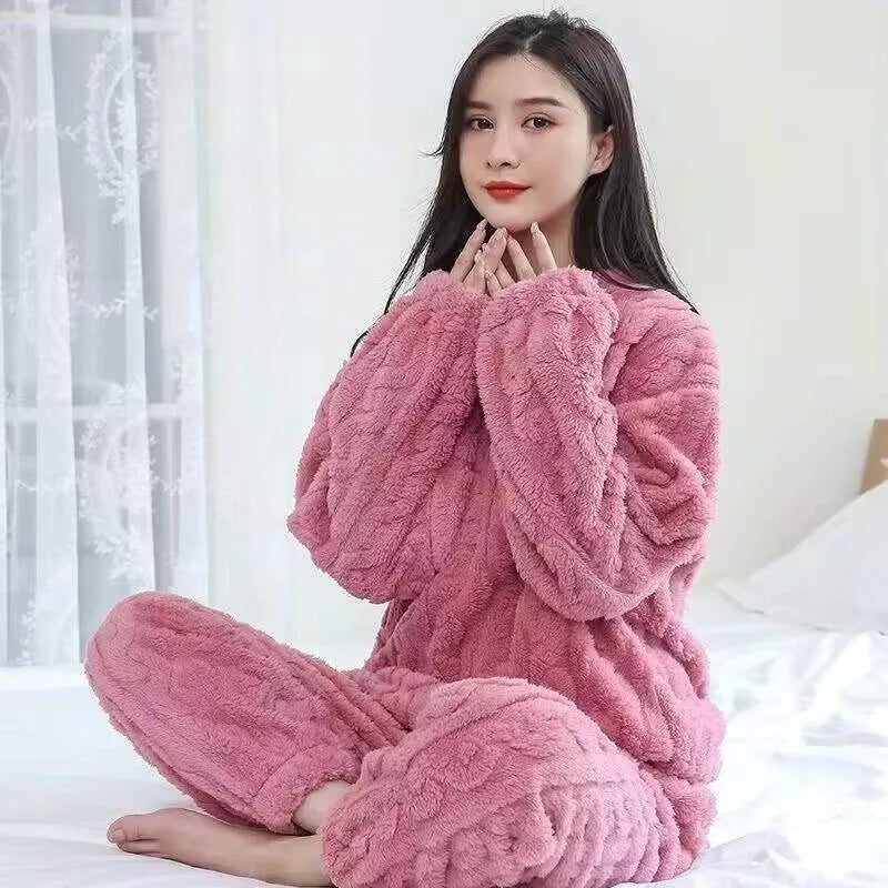 Women's Thick Coral Fleece PJs - Round Neck Winter Sleepwear, Plus Size - photo 8