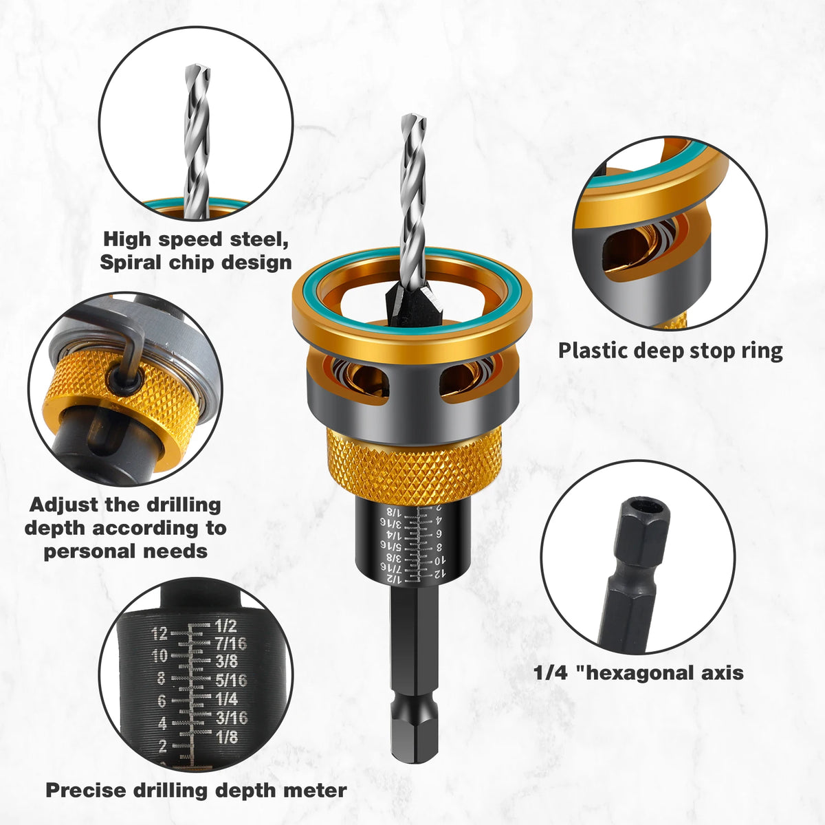 Countersink Drill Bit Set, Adjustable Depth HSS Wood Counterbore