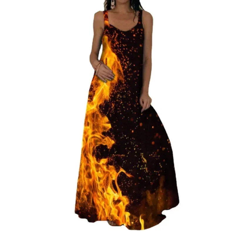 Women's Flame Print Sleeveless Maxi Dress – Casual Summer Sundress