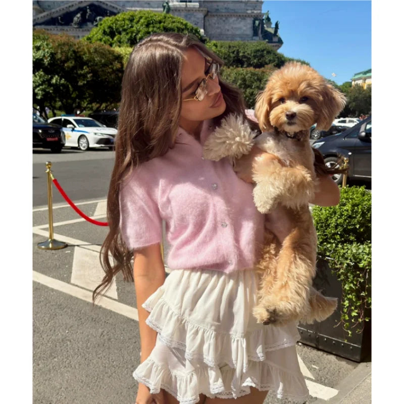 Women's Elegant Cardigan Short Sleeved Fashionable Single Breasted Plush Slim Fit Top Casual Daily Wear Sweater Solid Knitted