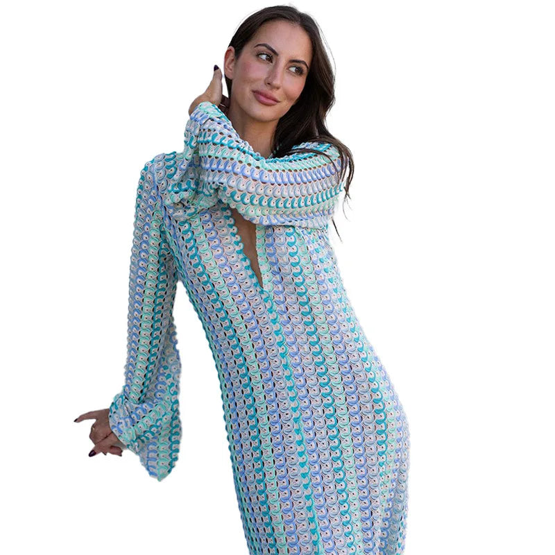 Crochet Colorful Stripe Flare Sleeve Maxi Dress Women V-neck High Split Sexy Lace Long Dresses 2026 New Beach Banquet Vestidos
