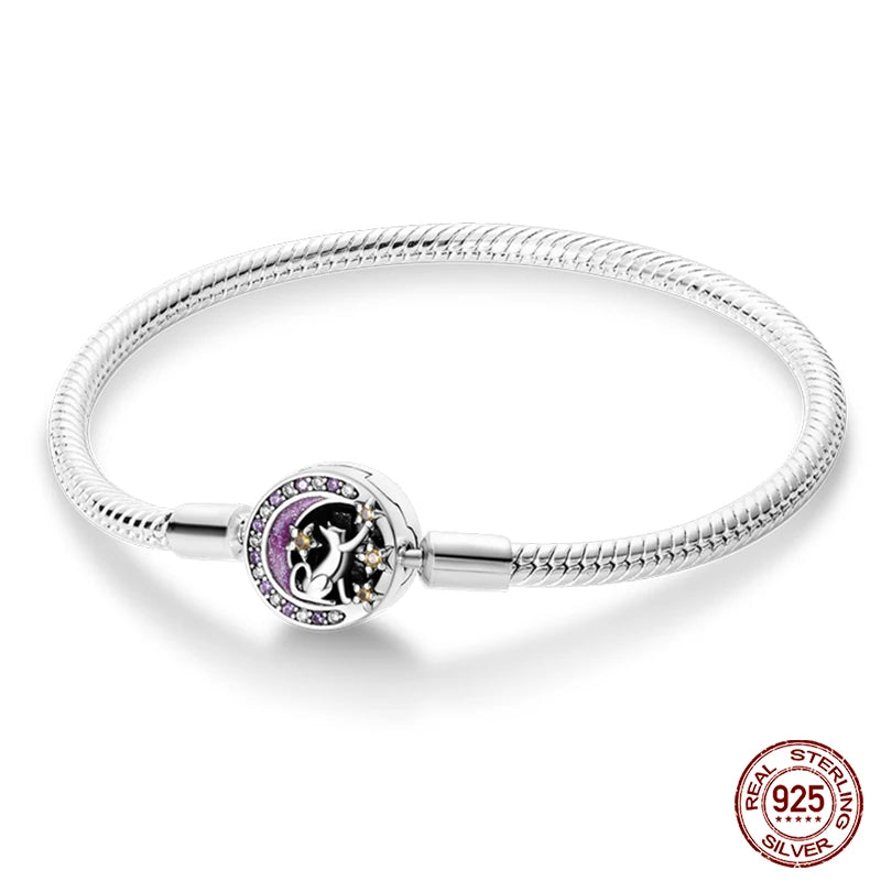 925 Sterling Silver Charm Bracelet – Star Moon Sun Four Leaf Clover Zircon | DIY Birthday Gift for Women (17-20cm)