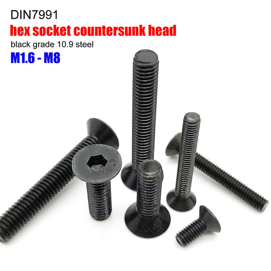 Black Grade 10.9 Steel Countersunk Hex Socket Bolts - Flat Allen Screws (M1.6-M8)
