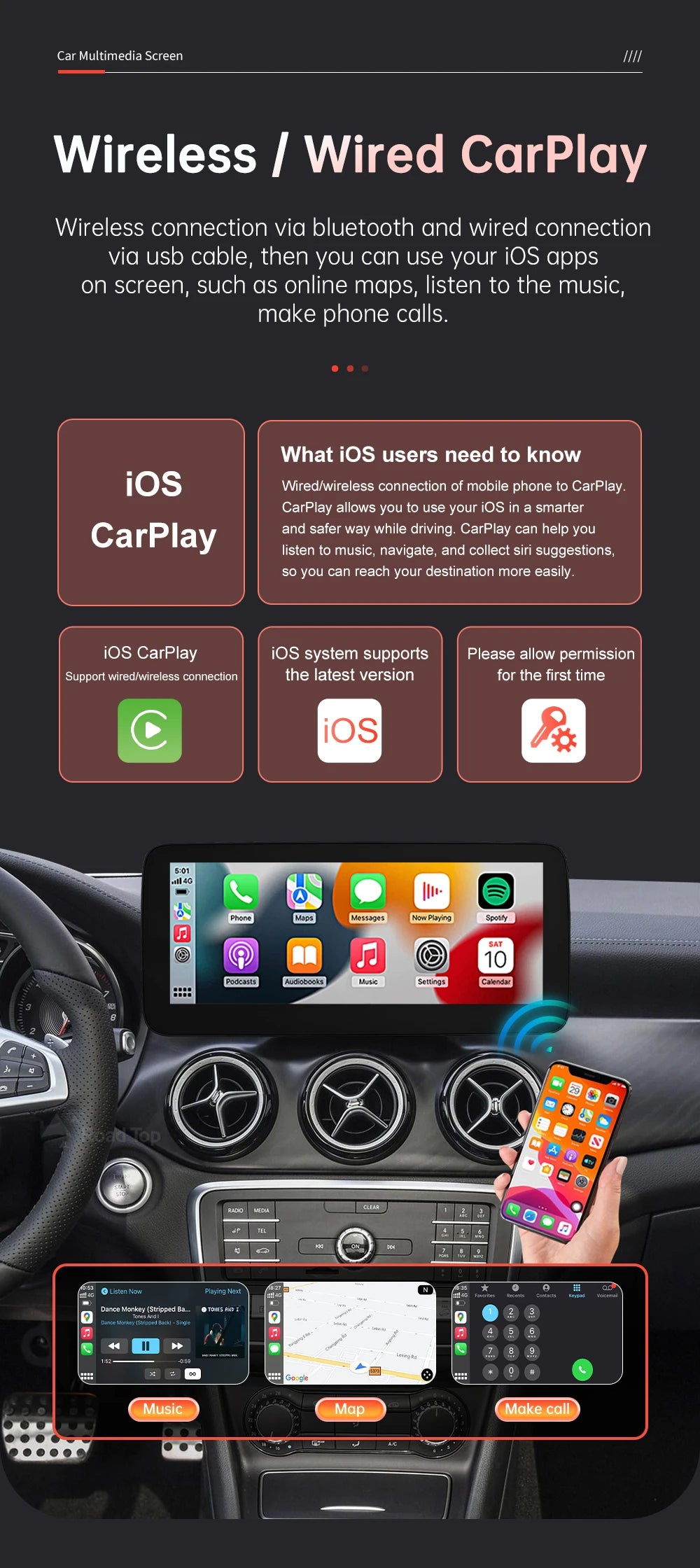RoadTop Wireless CarPlay Android Auto Car Multimedia Display For Mercedes-Benz CLA GLA A Class W176 2026-2026 NTG5.0 TouchScreen