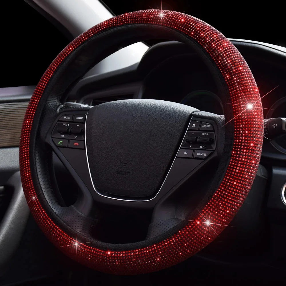 38cm Universal Car SUV Breathable Anti-Slip Bling Rhinestones Steering Wheel Cover for Women Girl with Crystal Diamond Sparkling