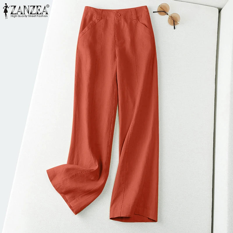 ZANZEA 2026 Spring Summer Cotton Linen Pants Women Long Trousers Wide Leg Plain Holiday Casual Pants Streetwear Fashion Bottoms