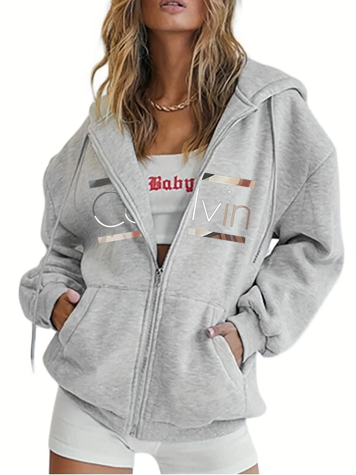 Women's Brown Zip-Up Hoodie - Drop Shoulder Relaxed Fleece Sweatshirt - photo 6