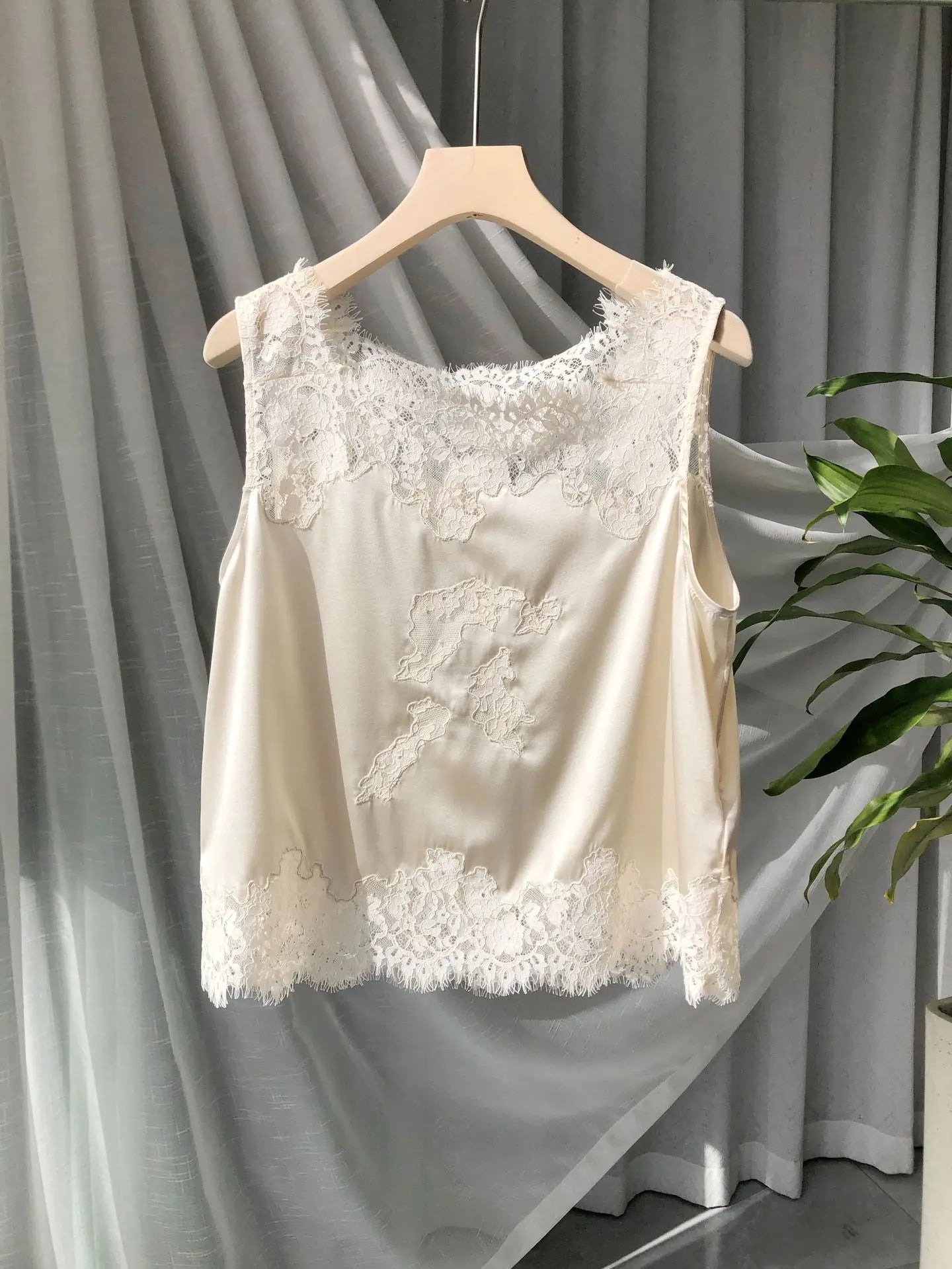 Soft Satin Lace Romantic French Lace Embroidered Satin Silk Sleeveless Vest Shorts