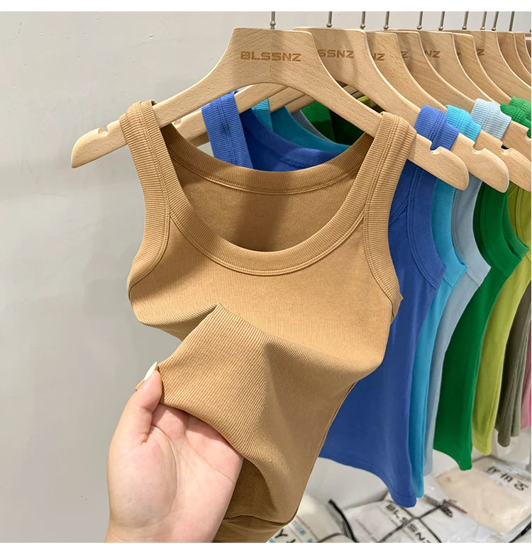 AOSSVIAO Women Solid Round Neck Ribbed Tank Top Camisole Women 2026 Summer Basic Elastic Tank Top O Neck Solid Tank Top