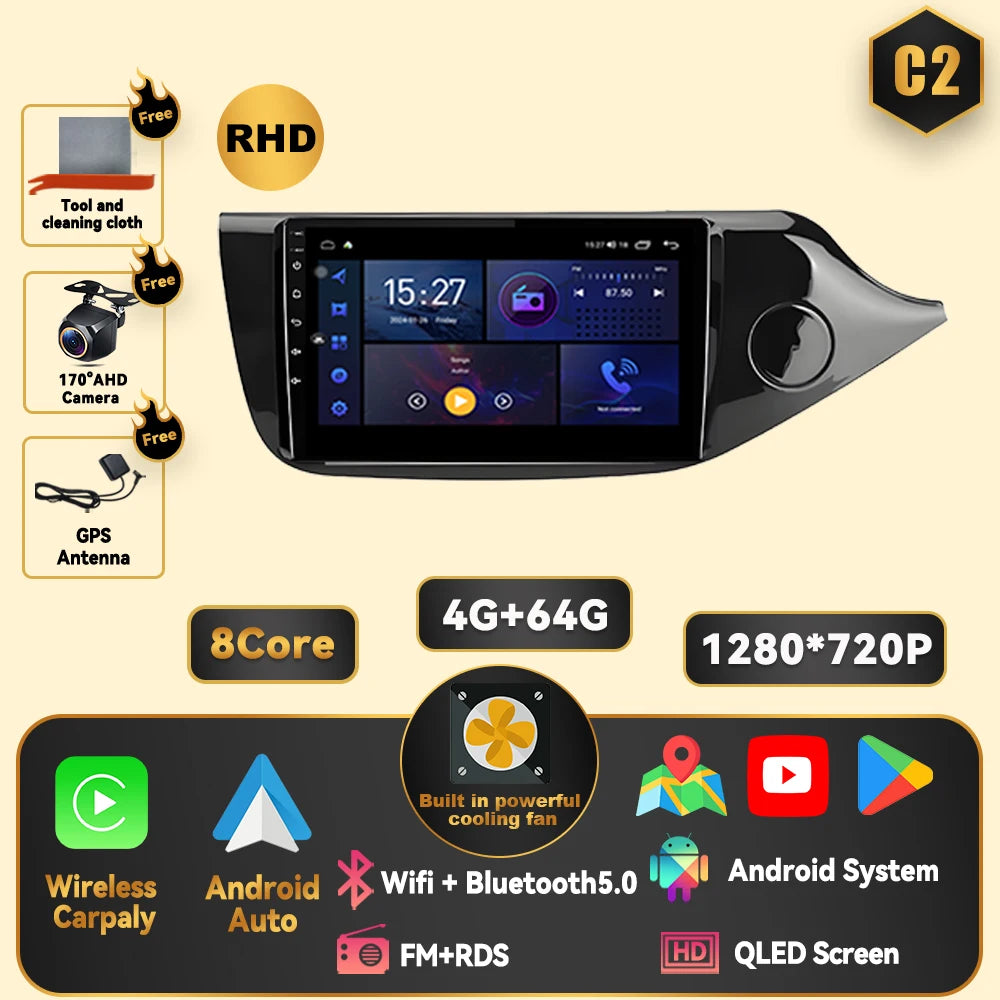 Android 15 Carplay For Kia CEED 2 JD 2012 - 2018 Car Radio Stereo Multimidia Player GPS Bluetooth DSP 2din Stereo QLED Screen
