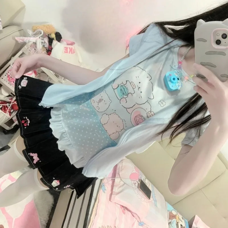 Kimutomo Japanese Petite Sweet Cute Replica Girl Outfit Short Sleeved Top Women Versatile Group Print Butterfly Round Neck