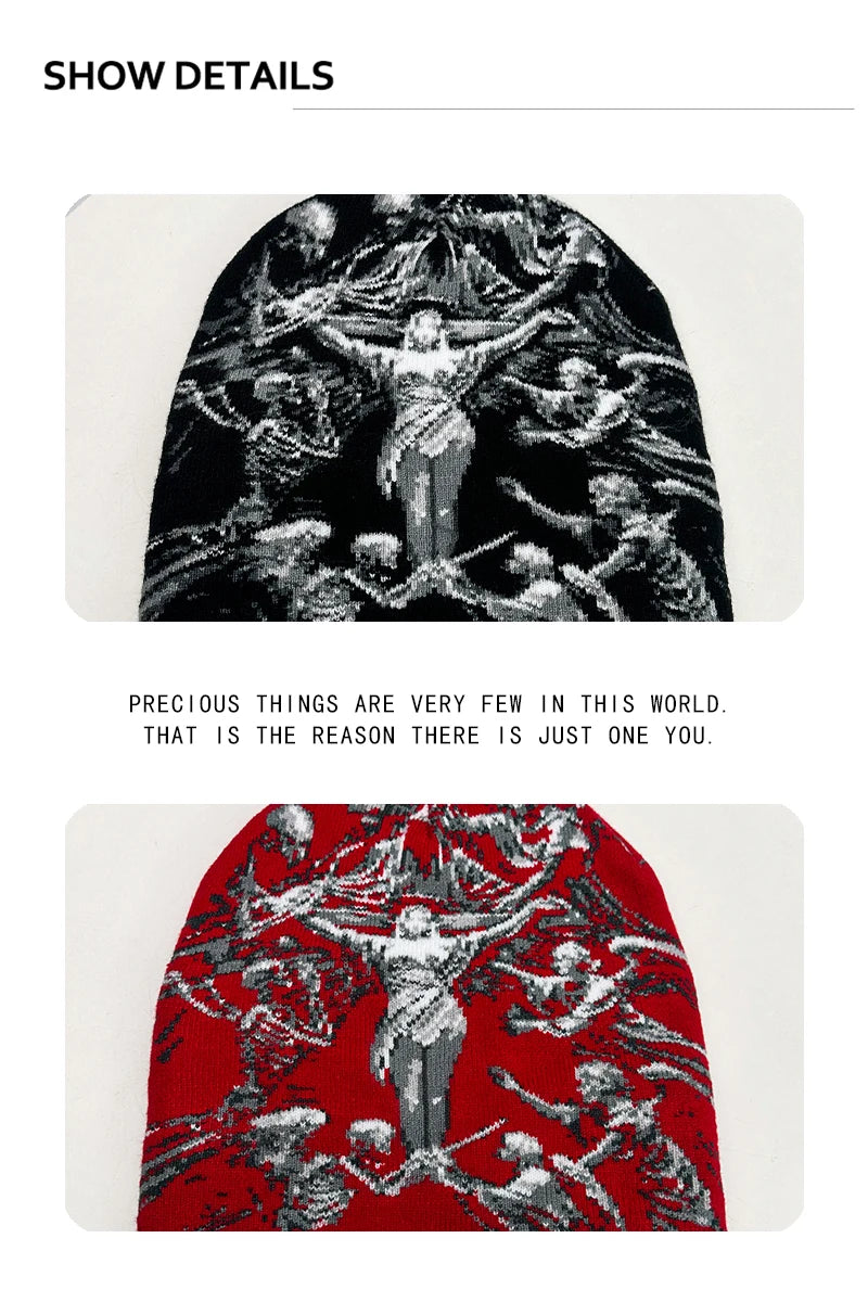 Angel Skull Jacquard Beanie, Unisex Knit Hat