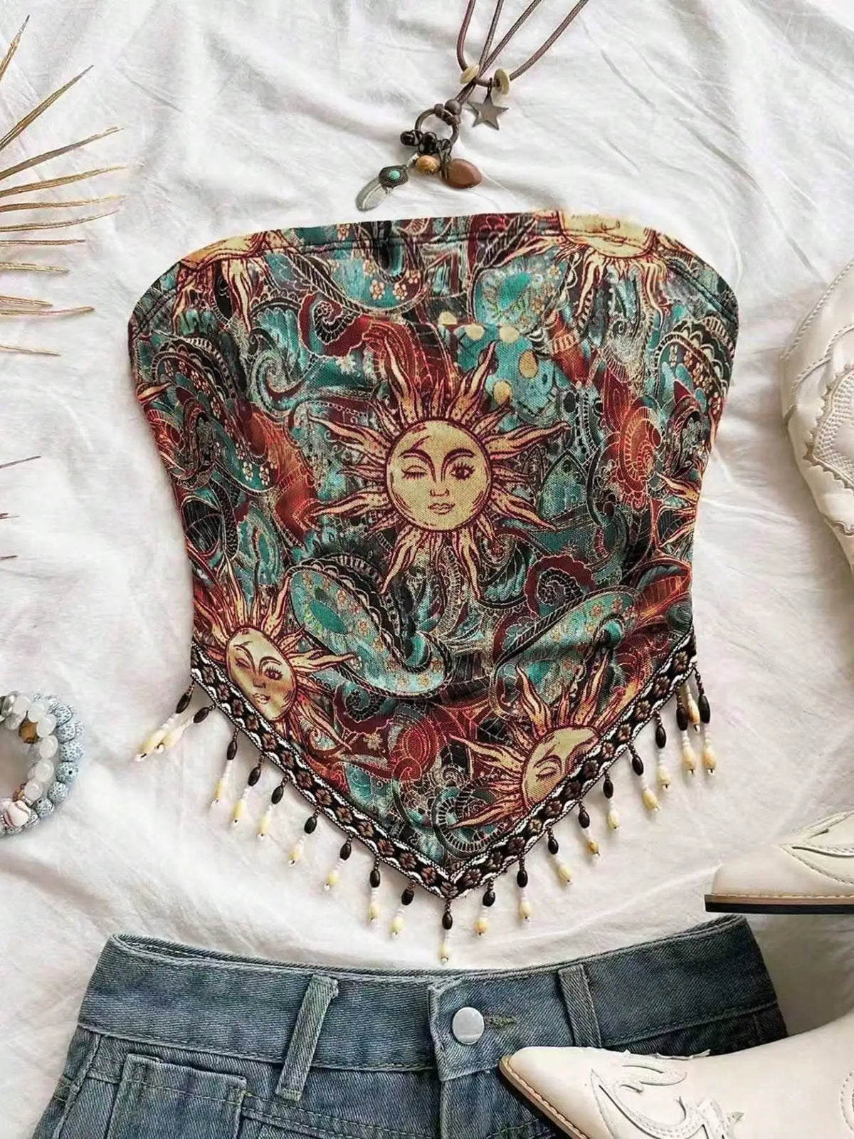 Women's beaded fringe printed mesh tube top — view 7 of 8