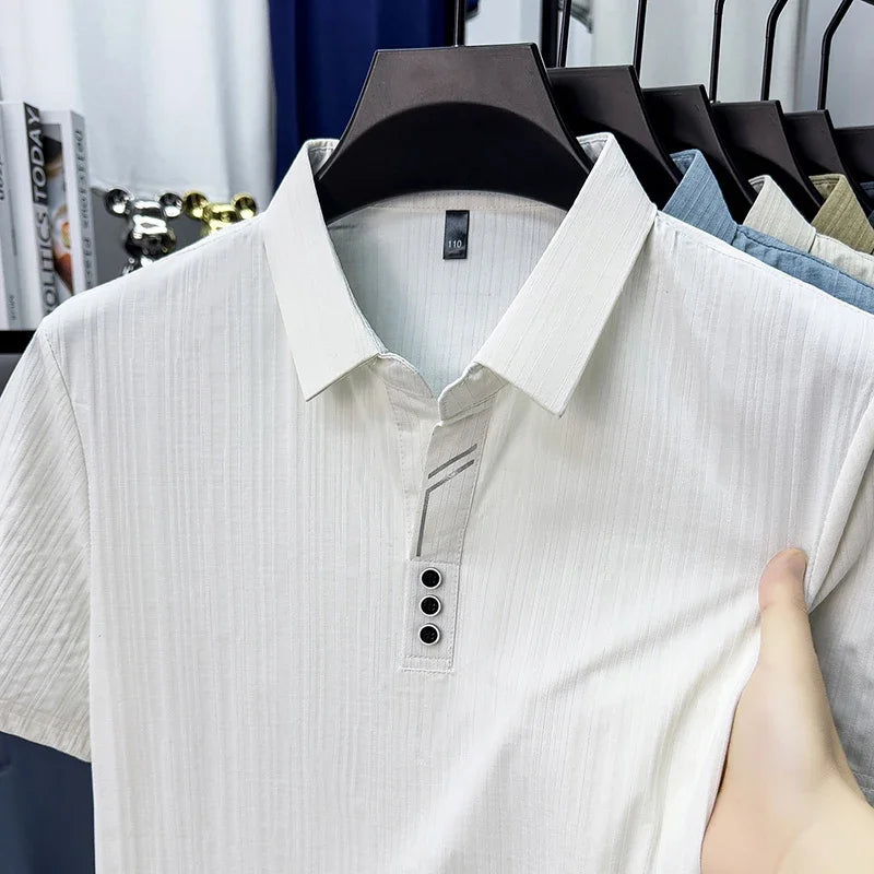 Men's Vertical-Stripe Polo - Soft Breathable, Three-Button Lapel
