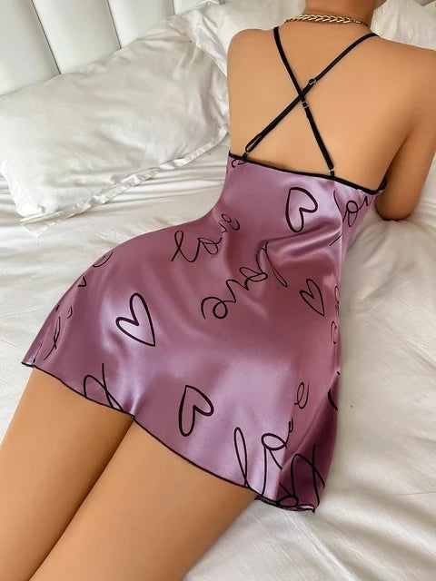 Women's Heart & Letter Print Nightdress – Sexy Sleeveless Satin Slip Sleepwear | S–XL (6 Colors)