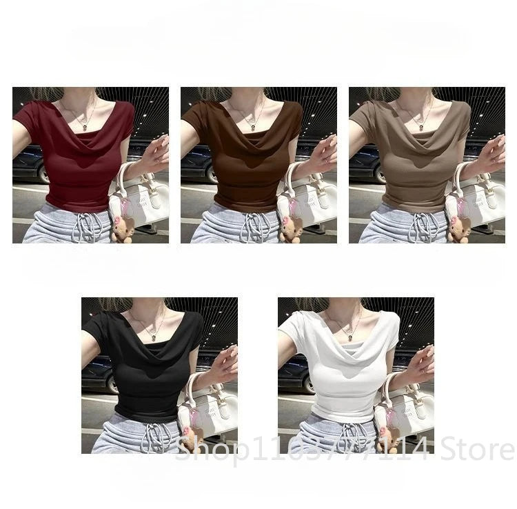 Summer Thread Solid Color Beach Fashion Versatile Women's Short Sleeved T-shirt Casual Lightweight Breathable Sexy Women's Top