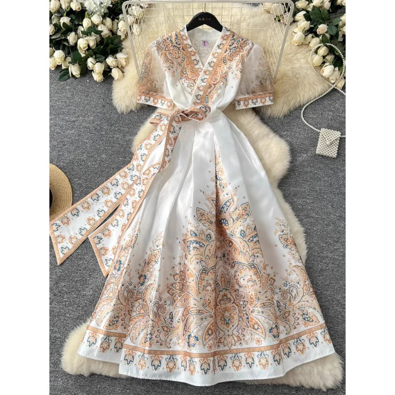 Vintage Dresses French Retro Style Printed Dress Women's Summer Tie High Street Design Chic Long Fashion Vestidos