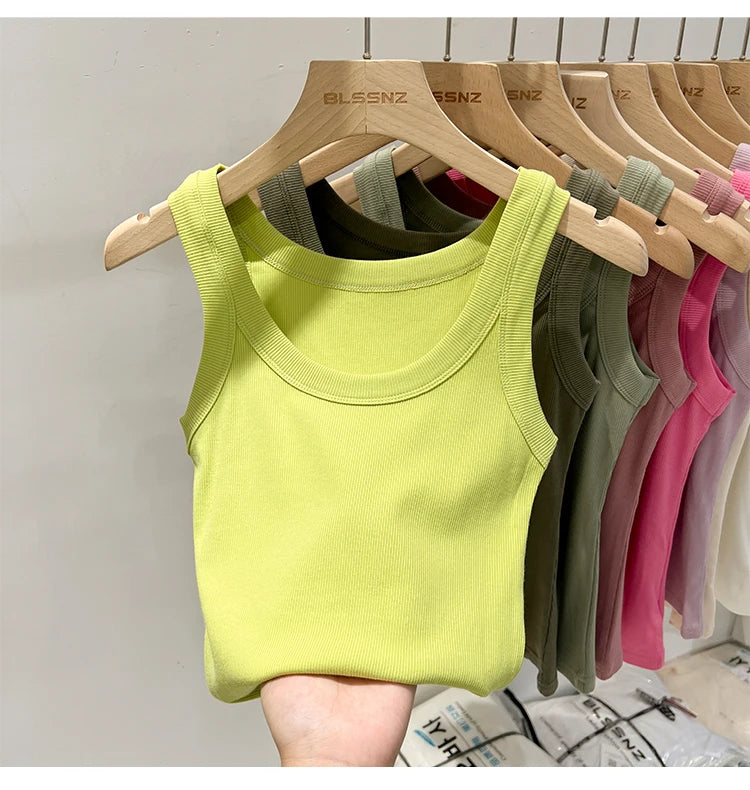 AOSSVIAO Women Solid Round Neck Ribbed Tank Top Camisole Women 2026 Summer Basic Elastic Tank Top O Neck Solid Tank Top