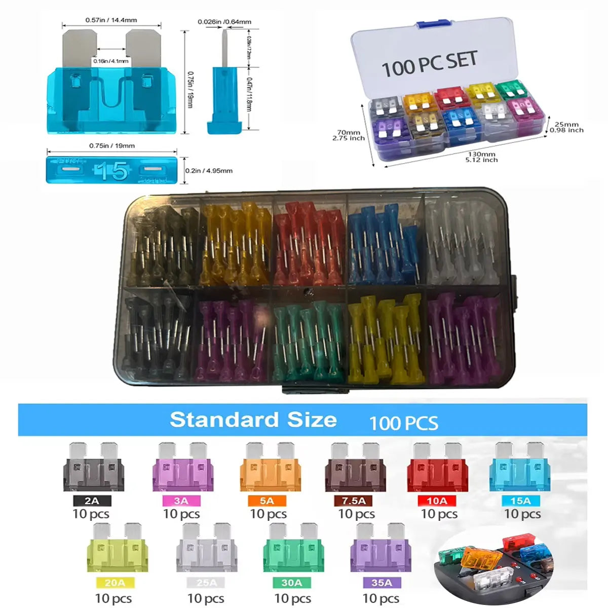 Standard Blade Fuse Assortment Kit - 2A to 35A Varieties