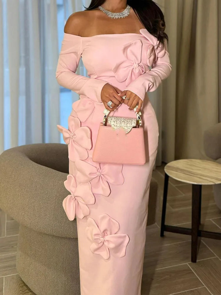 Elegant Off Shoulder Long Sleeve Skinny Dress Fashion Flower Dimensional Pink Wrap Hip Dress Lady Sexy Backless Solid Long Dress