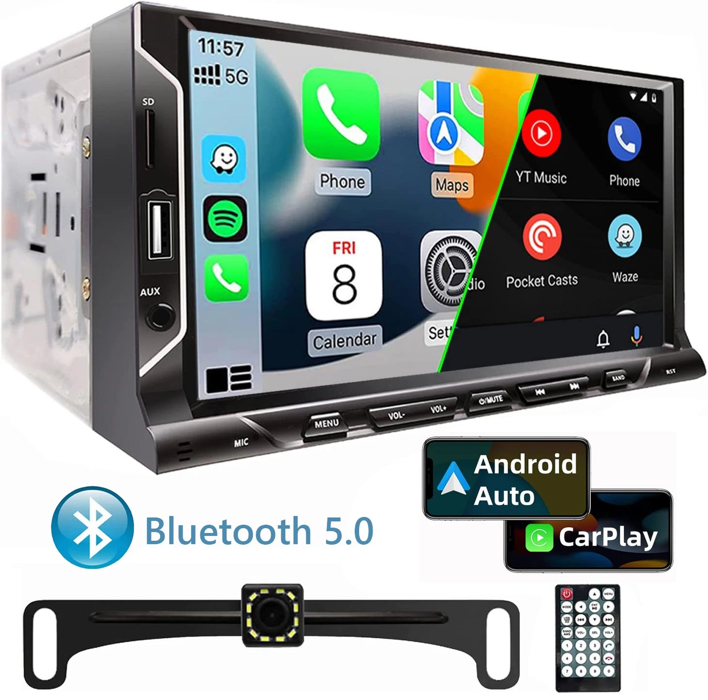 7" 2-DIN Car Stereo with Backup Camera — CarPlay, Android Auto, Bluetooth, Mirror Link, FM/AUX