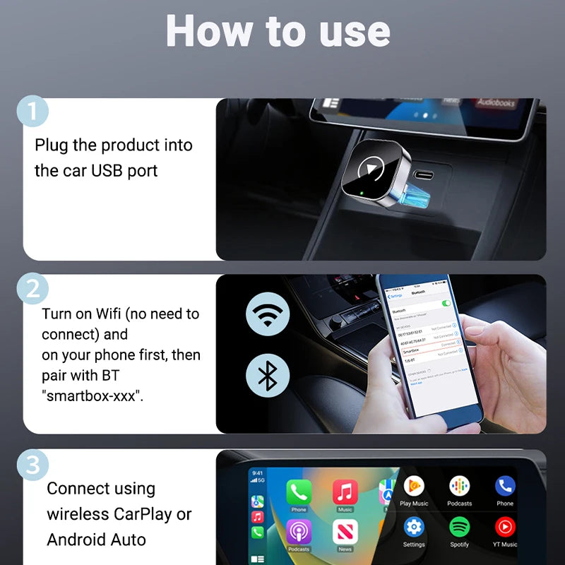 Super Mini CarPlay AI Box — Wired to Wireless CarPlay & Android Auto, 5GHz WiFi, Plug and Play