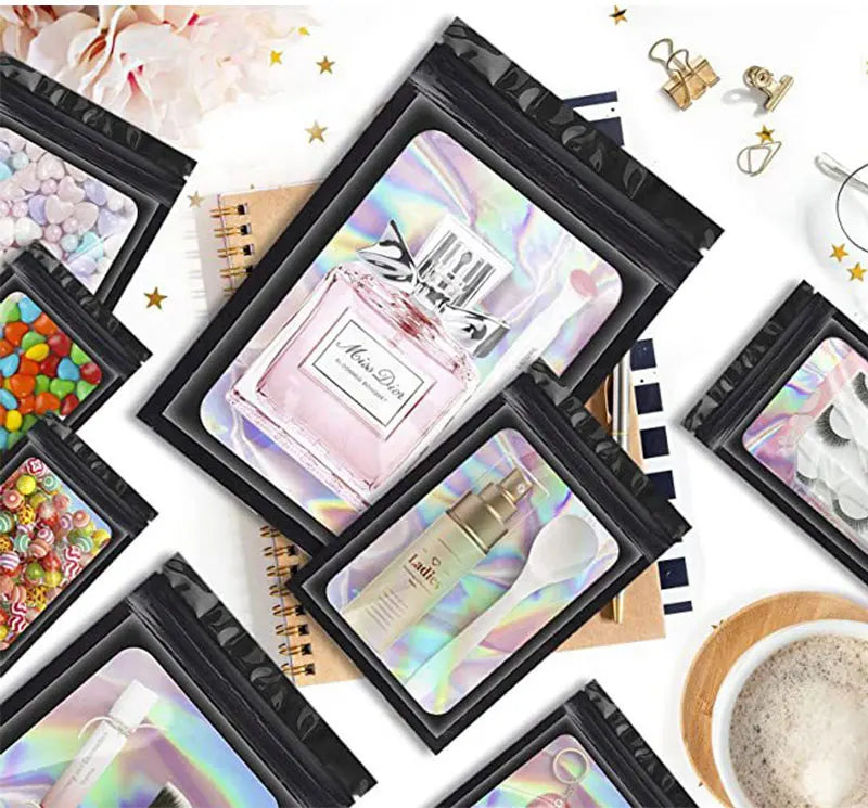 100Pcs Holographic Ziplock Bag Plastic Laser Iridescent Zip Bags for Manicure Eyelash Display Earrings Ring Jewelry Stoage Bags